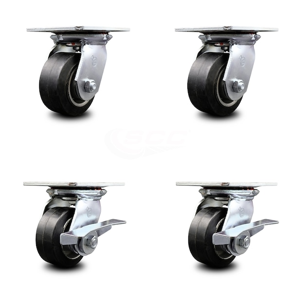 4 Inch Rubber on Aluminum Swivel Caster Set with Ball Bearings 2 Brakes SCC